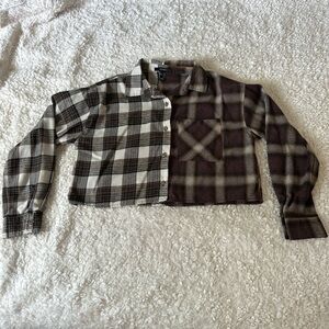 Brown and black plaid cropped button up shirt